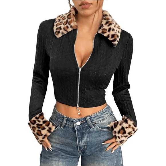 Trendy Faux Fur Trimmed Leopard Print Crop Jacket - Ideal for Parties and Events
